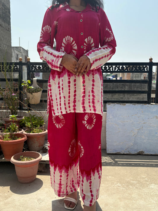 Shibori Print Co Ord Set for Women Collar Neck Kurti Set