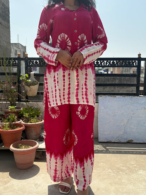 Shibori Print Co Ord Set for Women Collar Neck Kurti Set