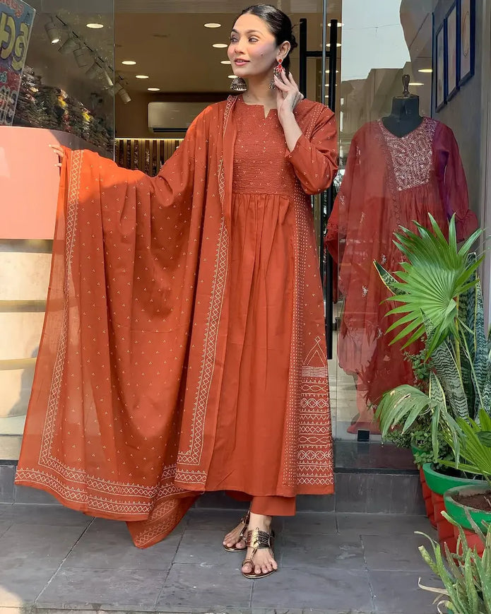 Festive cotton kurta pant dupatta set for women