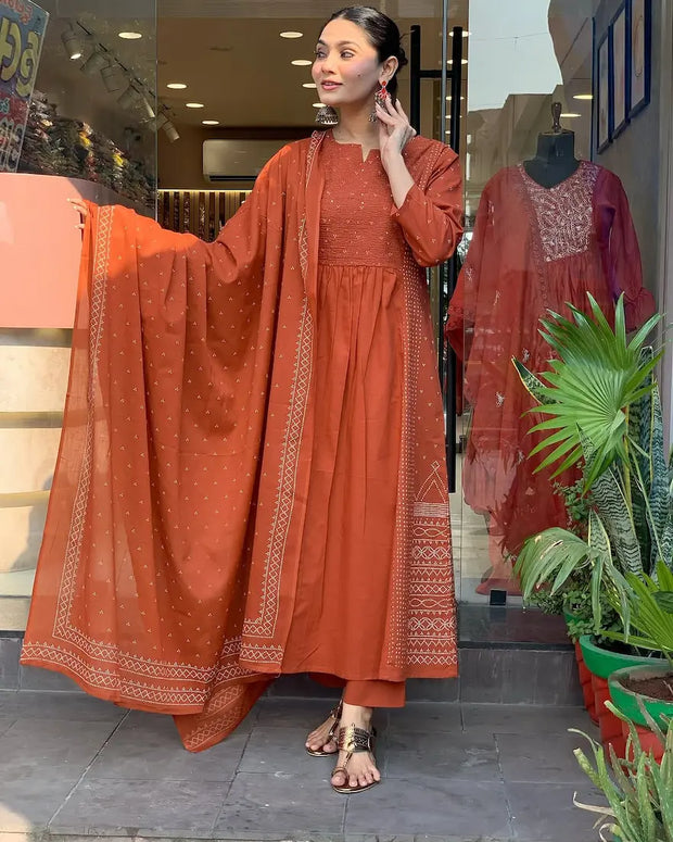 Festive cotton kurta pant dupatta set for women