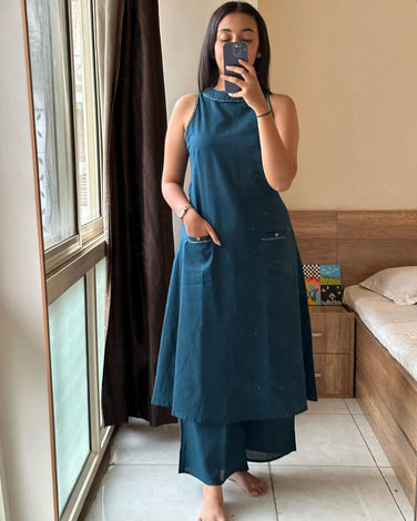 sleeveless cotton kurti with plazo front view