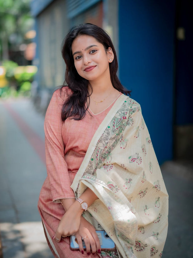 Premium women's South cotton kurta set with elegant Khadi silk dupatta