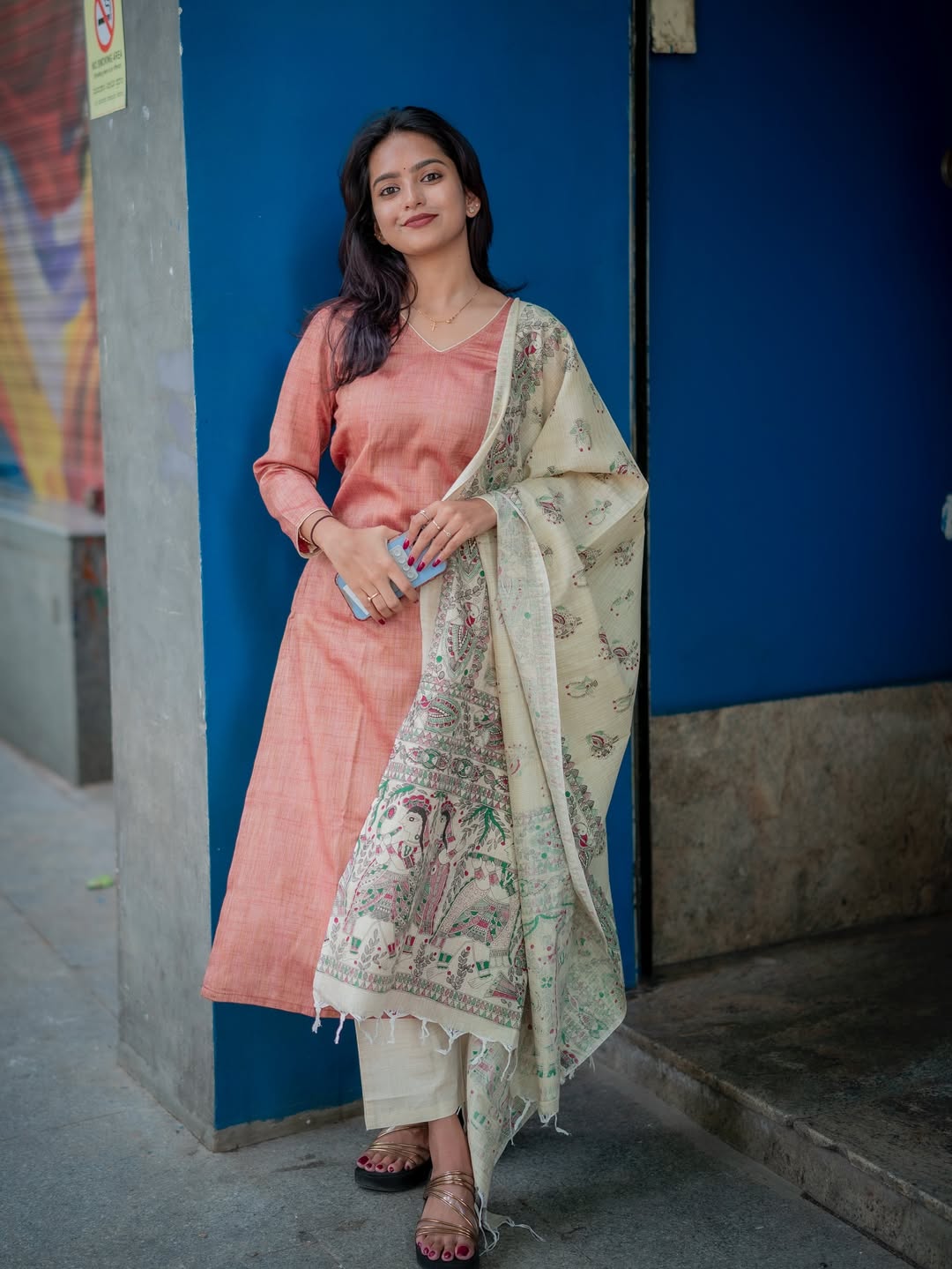 South cotton kurti set with cotton slub pants and Khadi silk dupatta