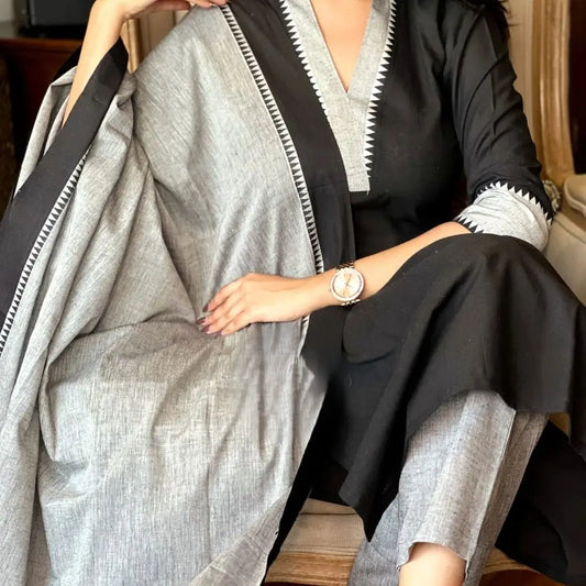 South handloom cotton kurta pant set with temple border dupatta