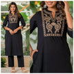 Straight cotton kurta set with front yoke embroidery and pant