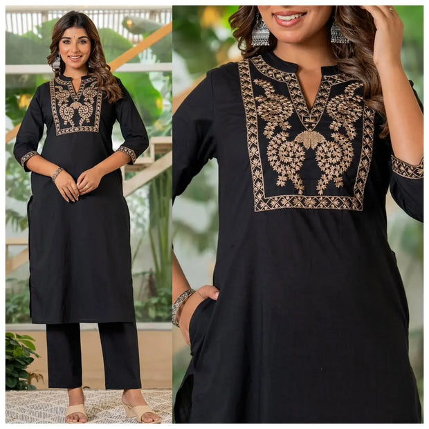Straight cotton kurta set with front yoke embroidery and pant