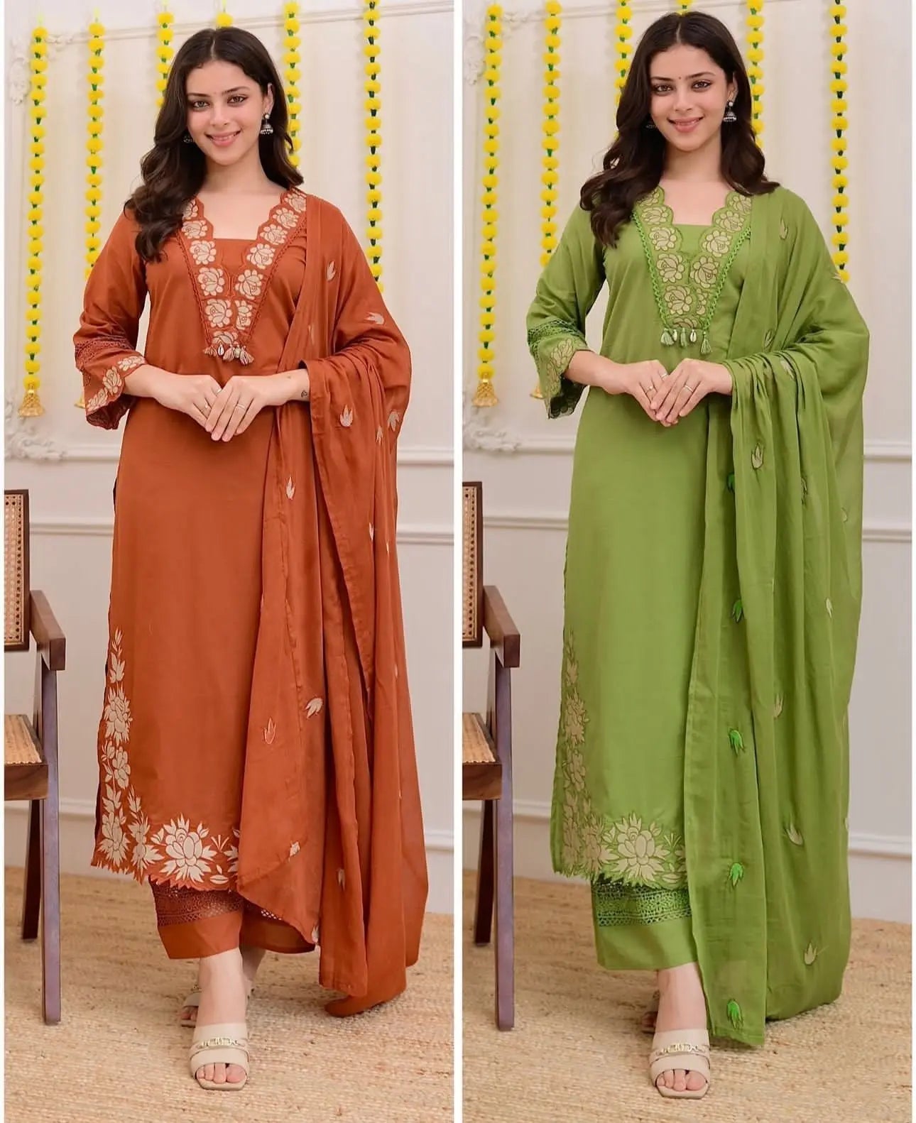 Straight cotton kurta set with embroidery and dupatta