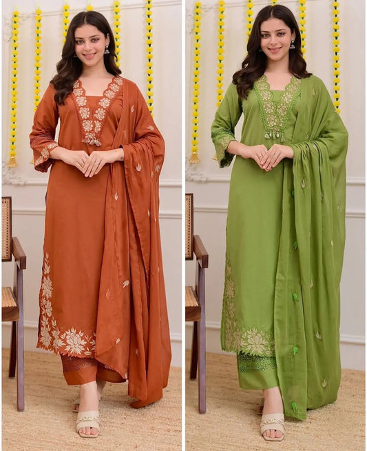 Straight cotton kurta set with embroidery and dupatta