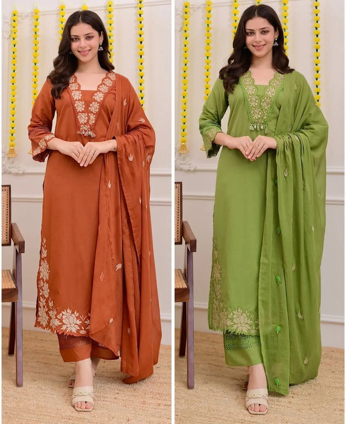 Straight cotton kurta set with embroidery and dupatta