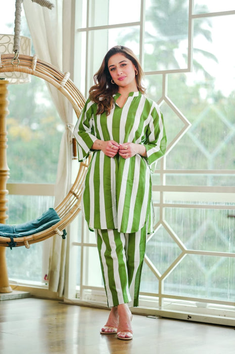 Striped cotton co-ord set with curved hem kurta

