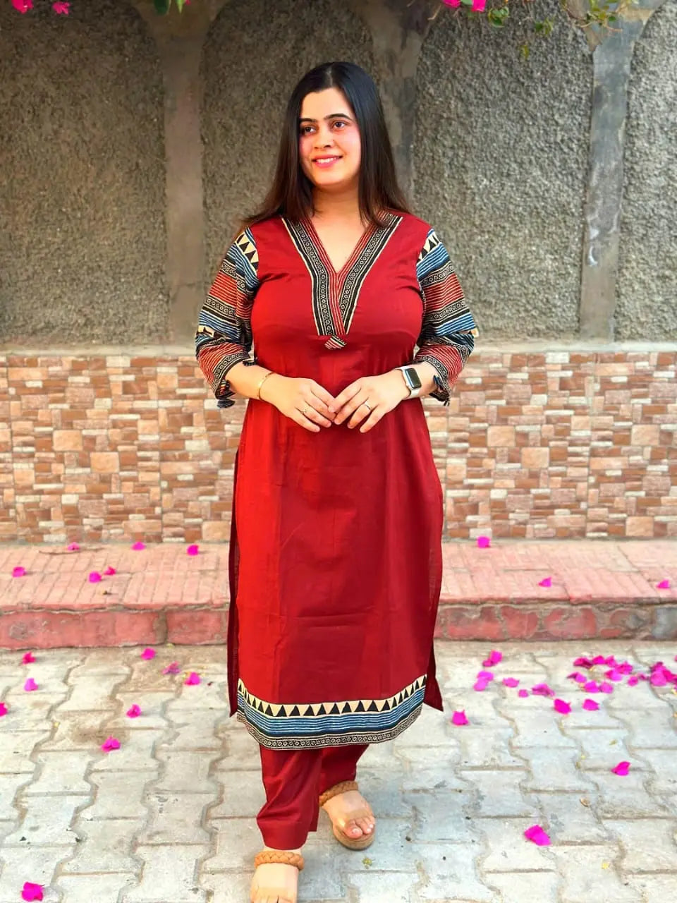 Red monsoon cotton suit set with kurti and pant
