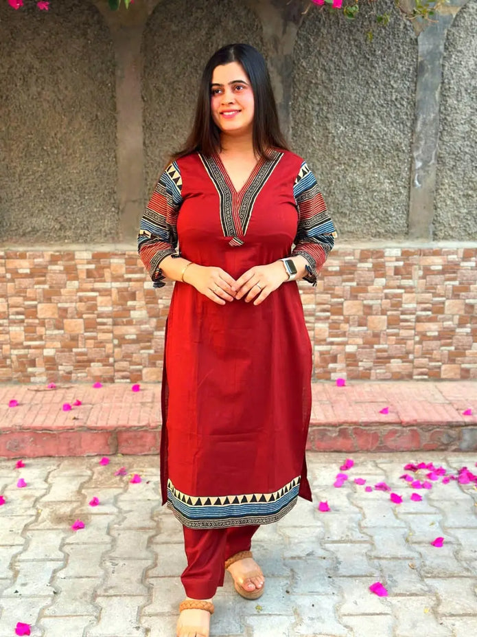 Red monsoon cotton suit set with kurti and pant
