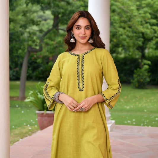 Cotton slub kurta palazzo with yoke embroidery