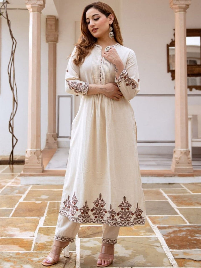 Cotton flex kurti pant set with thread embroidery and pintex work