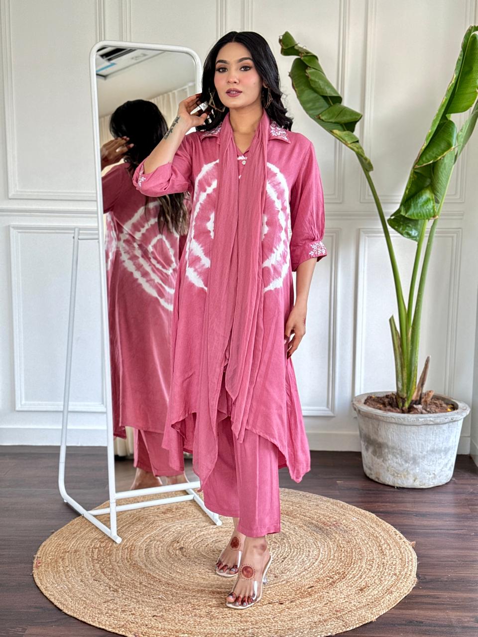 Embroidered neckline rayon suit with matching dupatta

