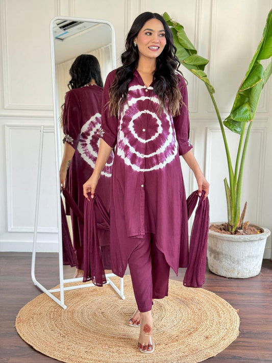 Tie dye rayon suit set with chiffon dupatta in festive shades

