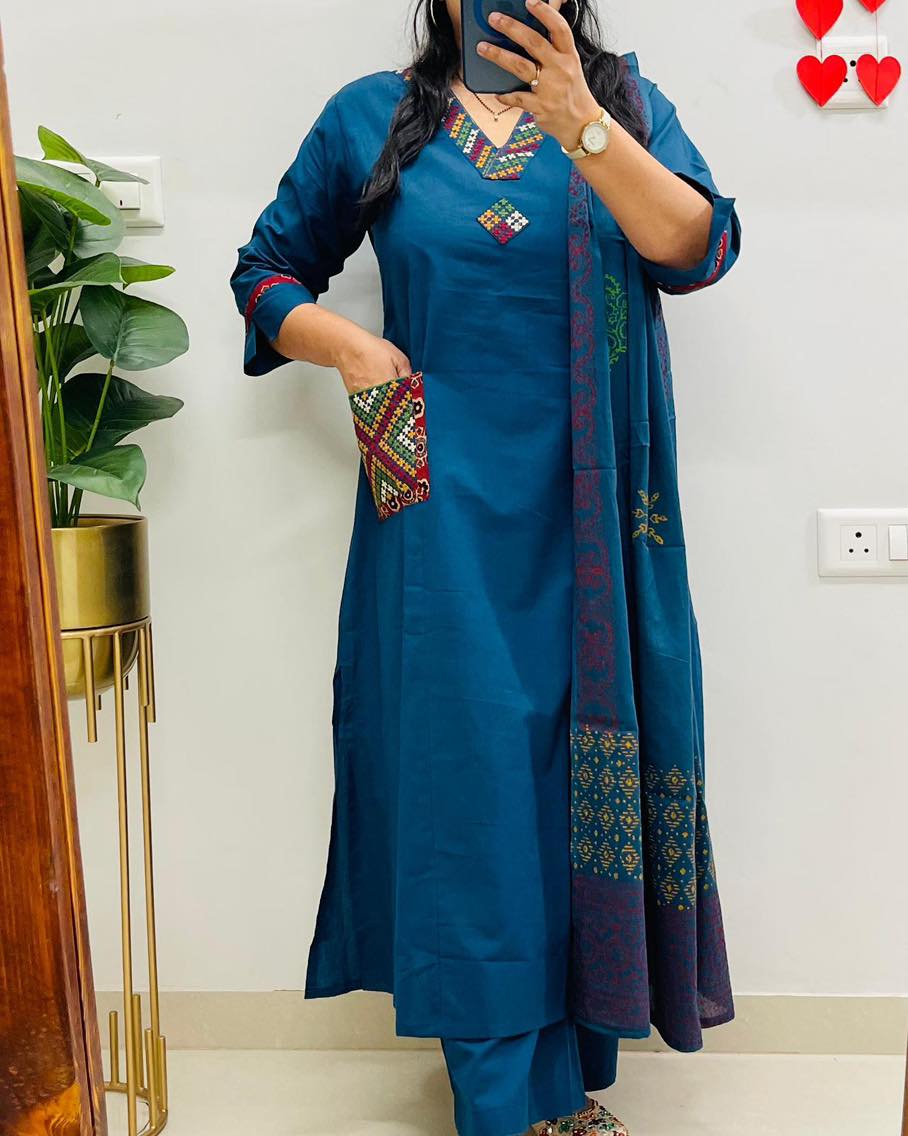 A-line cotton kurti pant dupatta set with colourful embroidered pockets