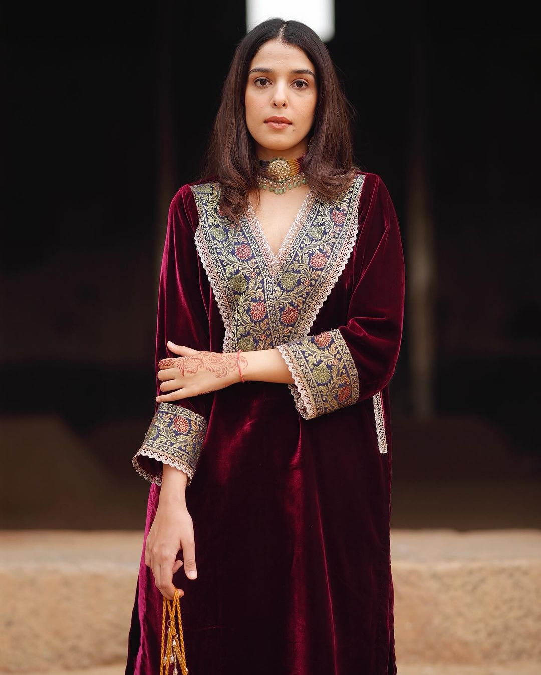 Festive velvet kurta pant set in maroon