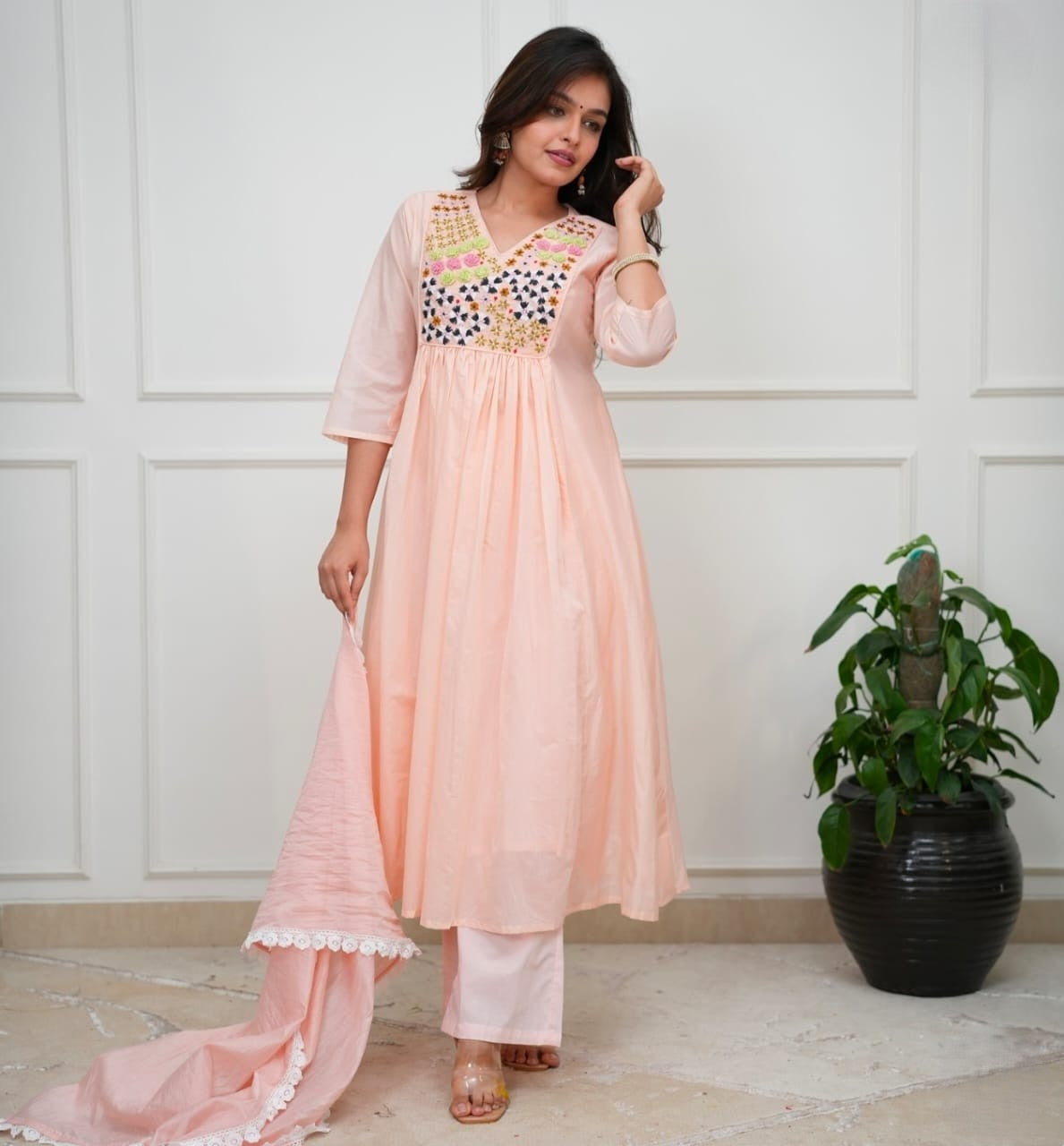 Party wear cotton kurti pant dupatta set with full yoke embroidery