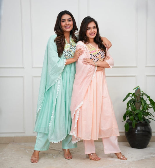 Wedding wear embroidered A-line cotton kurti set with dupatta