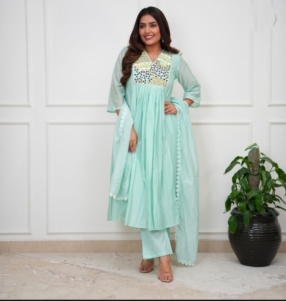 Pure cotton A-line kurti set with heavy lace mul dupatta