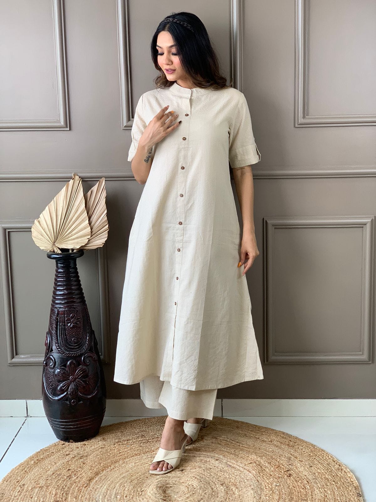 Maabetii White A line Kurti Plazo Kantha Coord Set