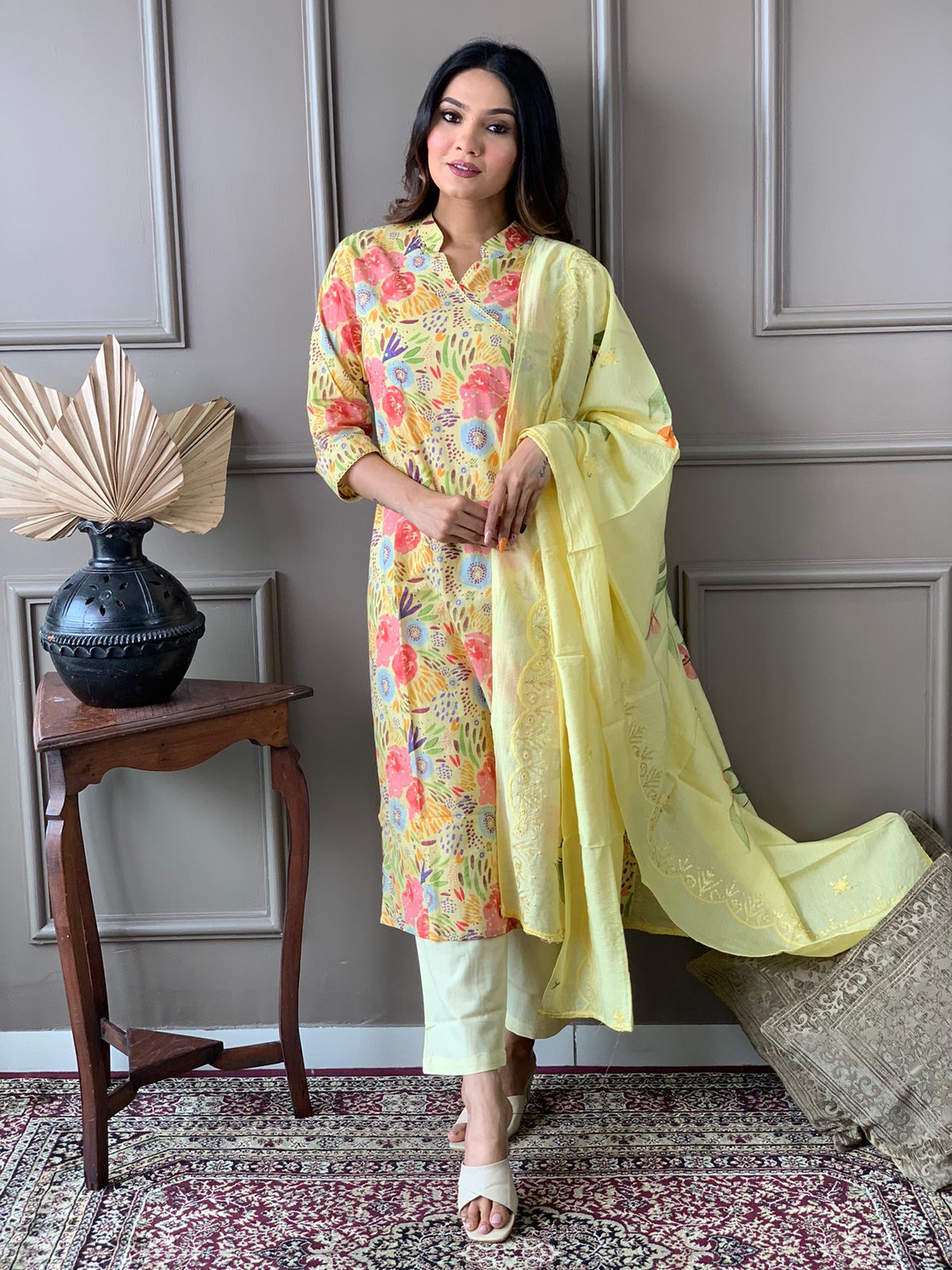 Maabetii Yellow Floral Embroider Cotton Angarkha Suit Set