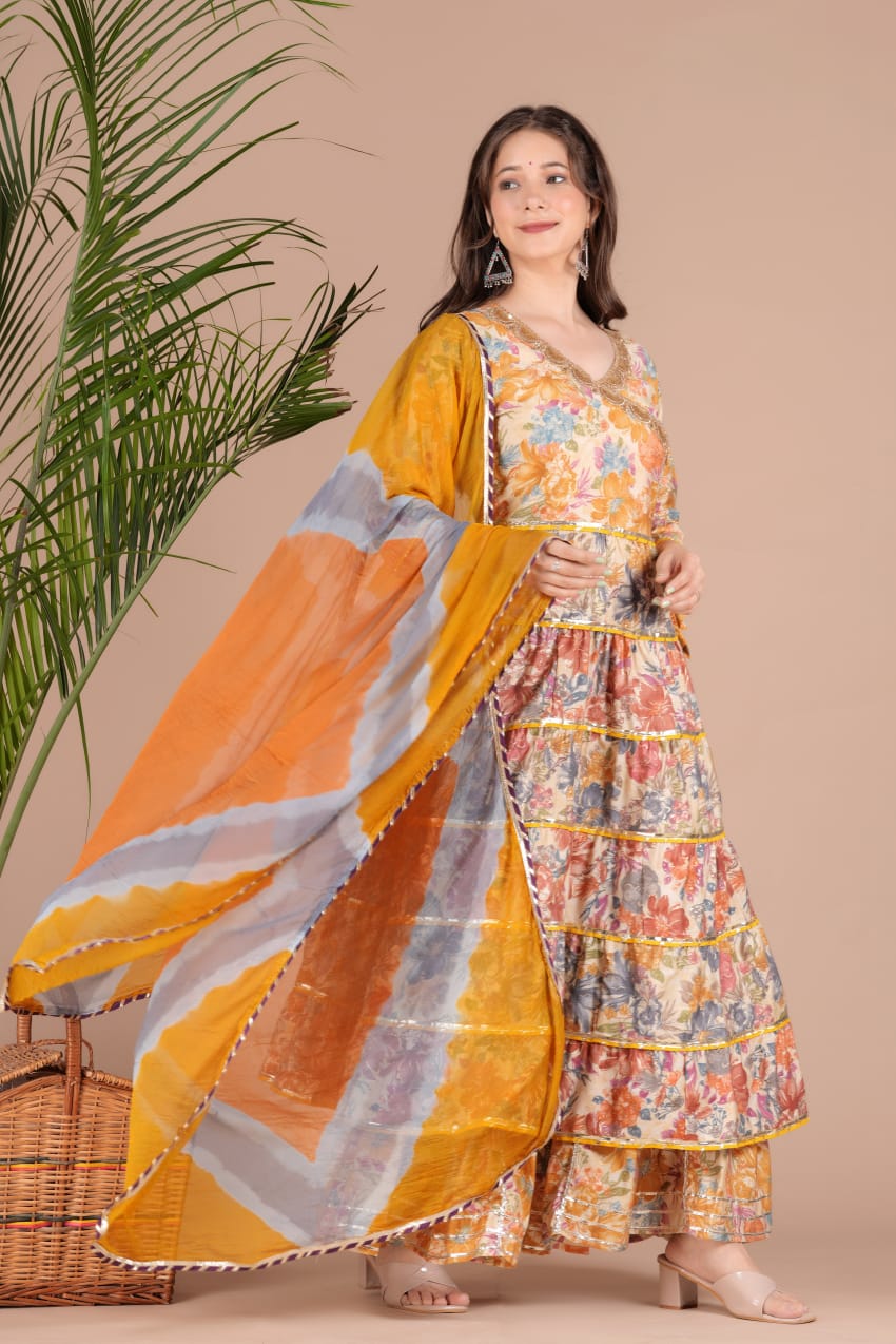 Maabetii Multicolor Floral Full Flair Muslin Angarkha Sharara Suit Set