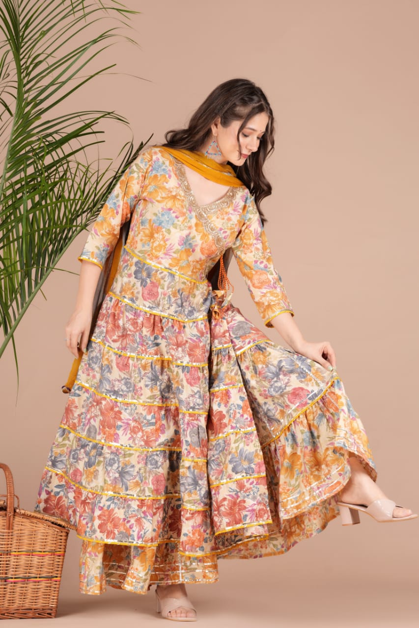 Maabetii Multicolor Floral Full Flair Muslin Angarkha Sharara Suit Set