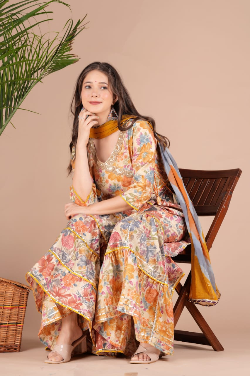 Maabetii Multicolor Floral Full Flair Muslin Angarkha Sharara Suit Set