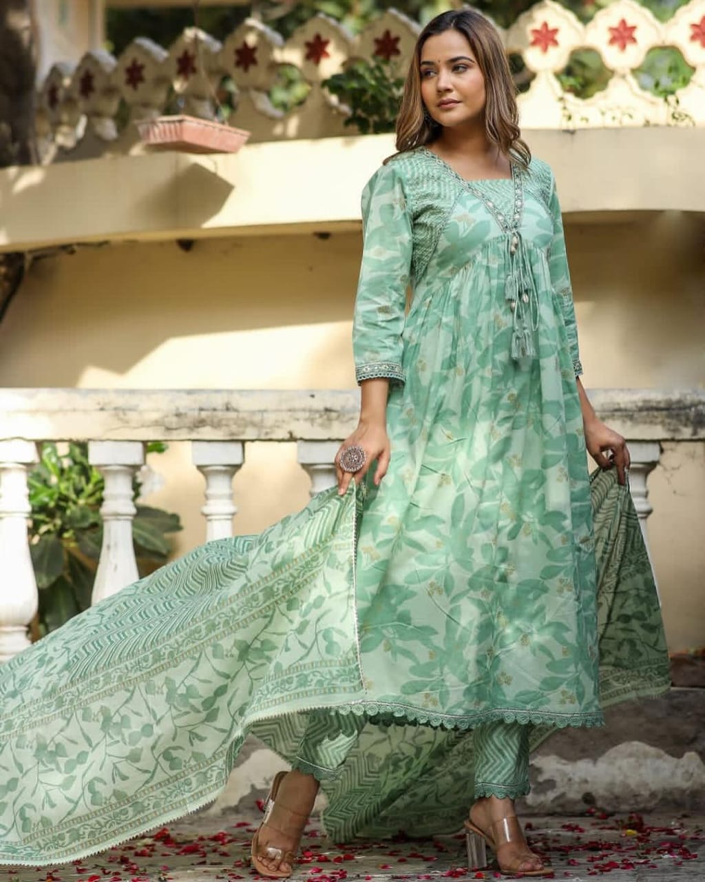 Maabetii Teal Green Embroider Ghotalas Work Cotton Alia Cut Anarkali Suit Set