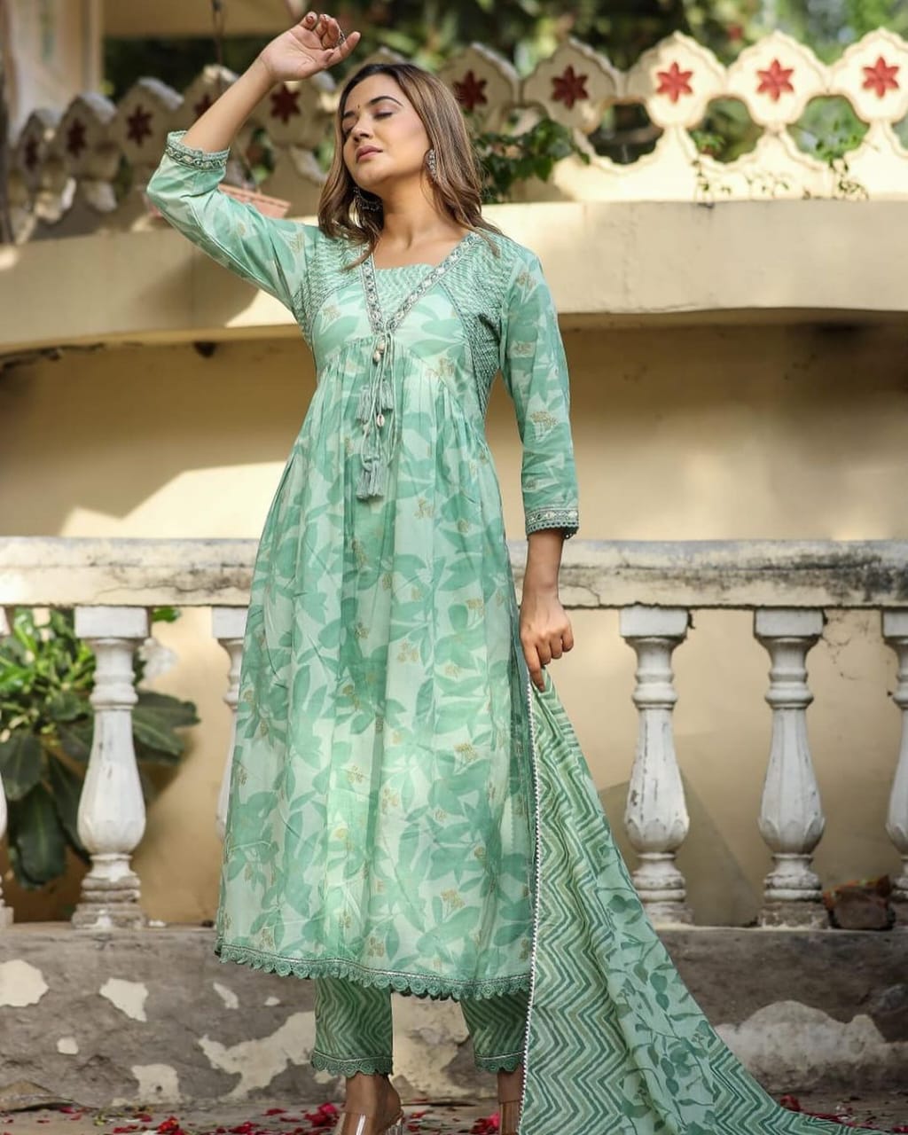 Maabetii Teal Green Embroider Ghotalas Work Cotton Alia Cut Anarkali Suit Set