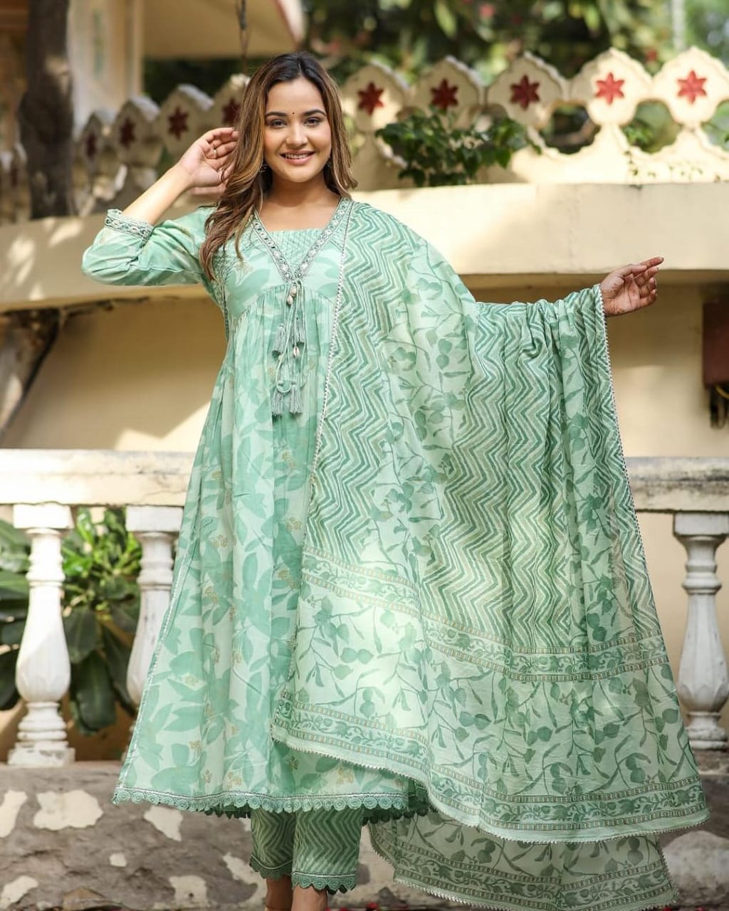 Maabetii Teal Green Embroider Ghotalas Work Cotton Alia Cut Anarkali Suit Set