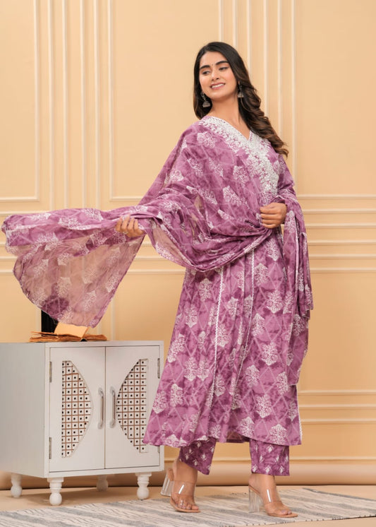 MaaBetii Lavender Cotton Embroidery Work Anarkali Suit Set