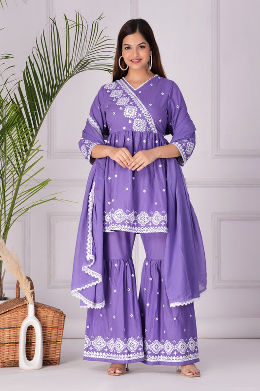 MaaBetii Purple Embroider and Bijiya Hand Work Angrakha Kurti with Sharara Pants