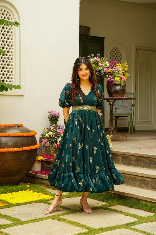 MaaBetii Bottle Green Hand Worked Georgette Puff Sleeves Anarkali Style Frock Dress