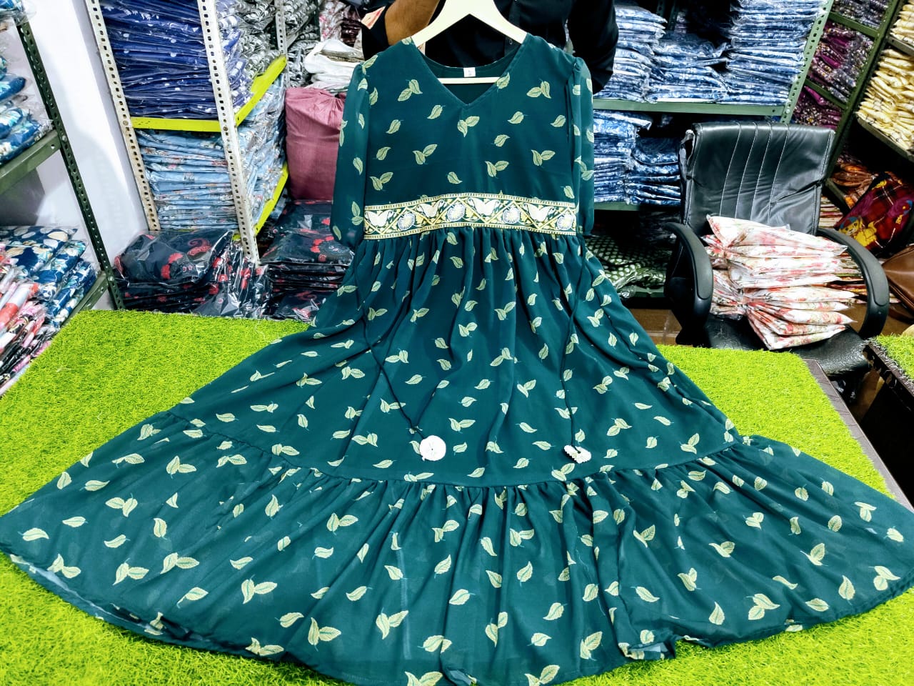 MaaBetii Bottle Green Hand Worked Georgette Puff Sleeves Anarkali Style Frock Dress