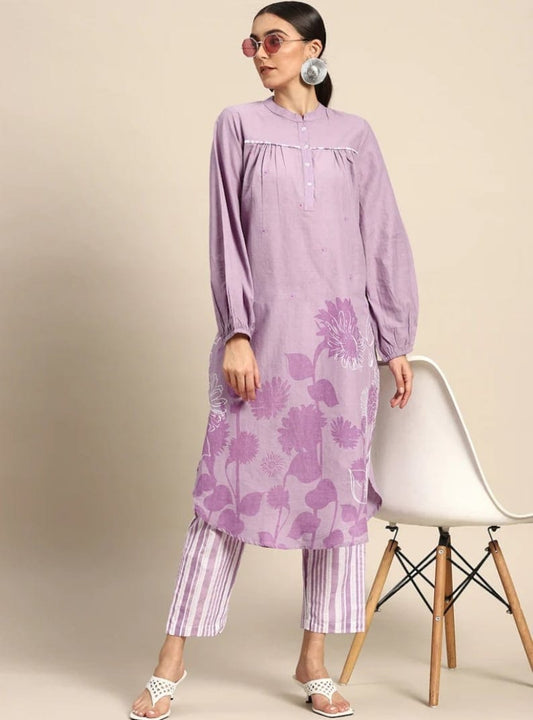 MaaBetii Lavender Color Cotton Puff Sleeves Kurta Pants Co-ord Set