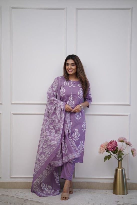 Maabetii Lavender Cotton Floral Print Straight Suit Set