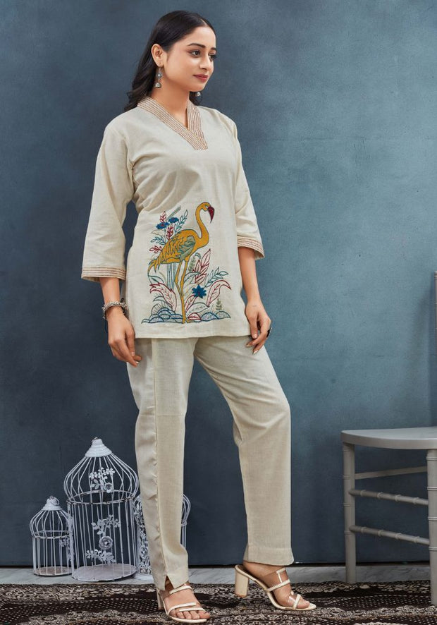 Flamingo Embroidery Cotton Coord Set for Women – Artistic Statement Outfit