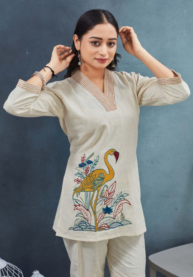 Flamingo Embroidery Cotton Coord Set for Women – Artistic Statement Outfit