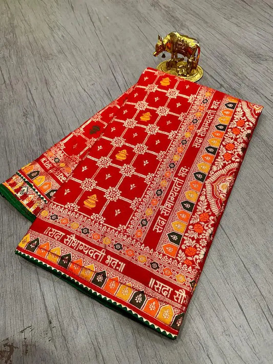 Close-up of zari weaving on pure dola silk fabric