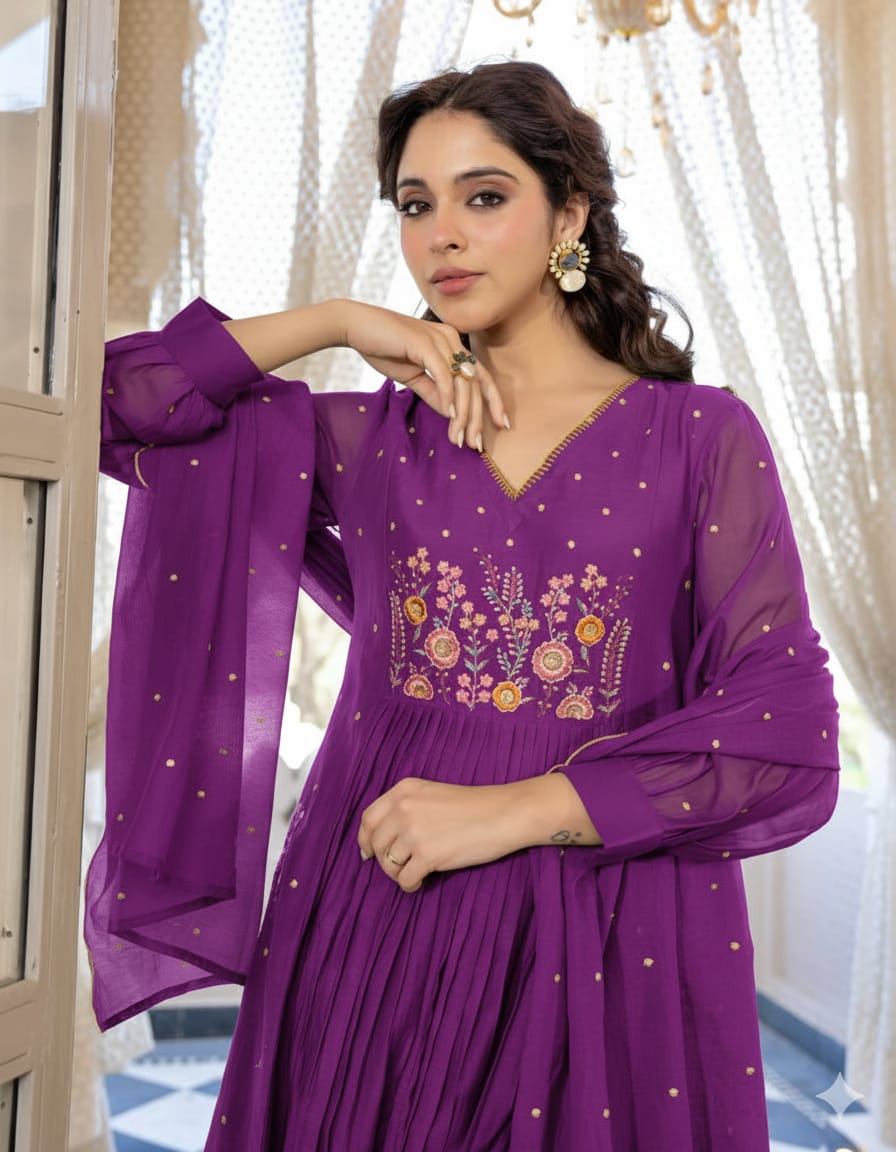 Saumya Pure Cotton Embroidered Anarkali Kurta Set with Cutwork Dupatta