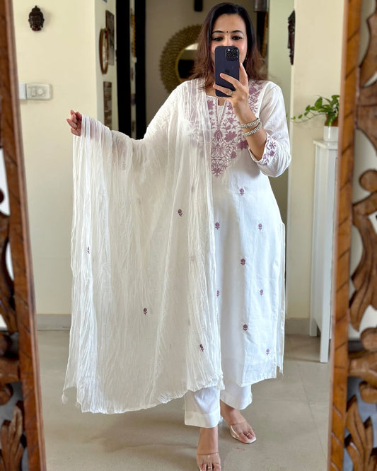 White khadi cotton suit set with embroidered dupatta

