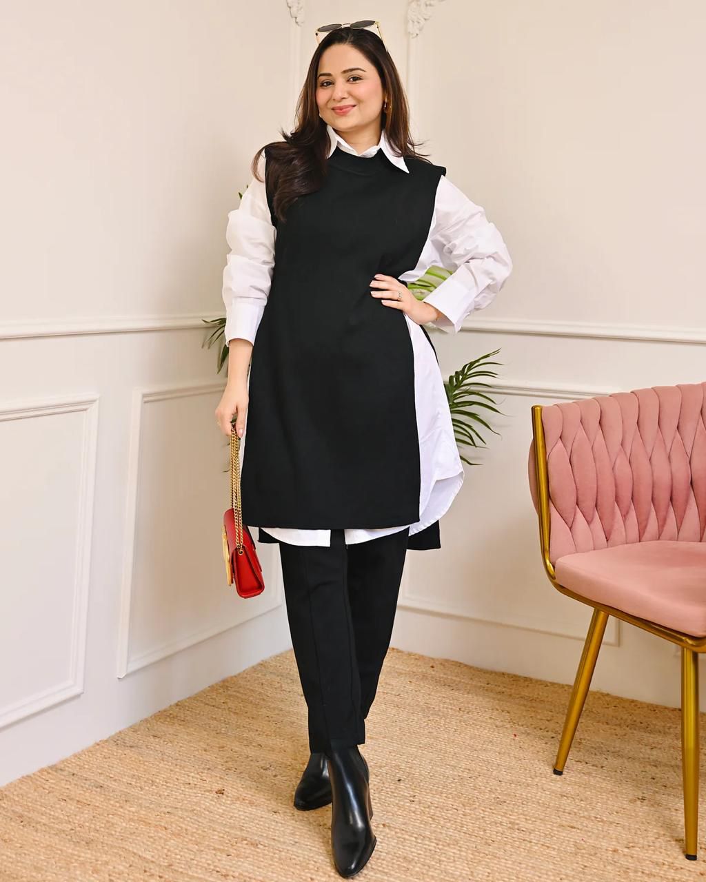 Layered cotton shirt and vest co-ord set with tailored pants