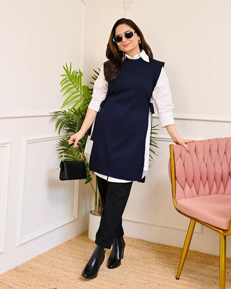 Women’s winter office wear cotton co-ord set with tie-knot pants