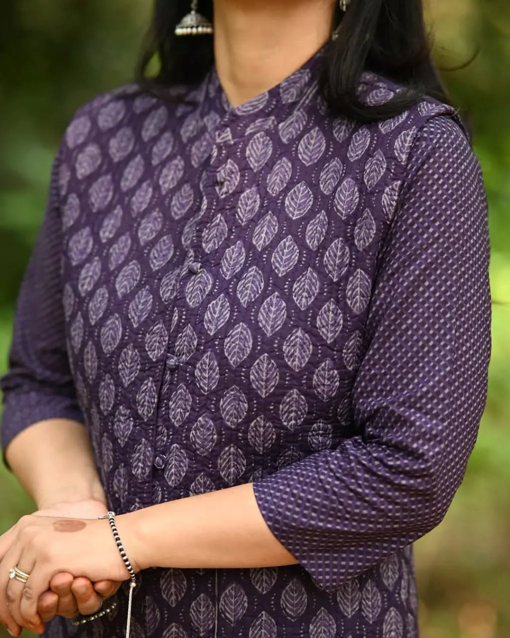 Cozy winter ethnic wear set with quilted layering jacket
