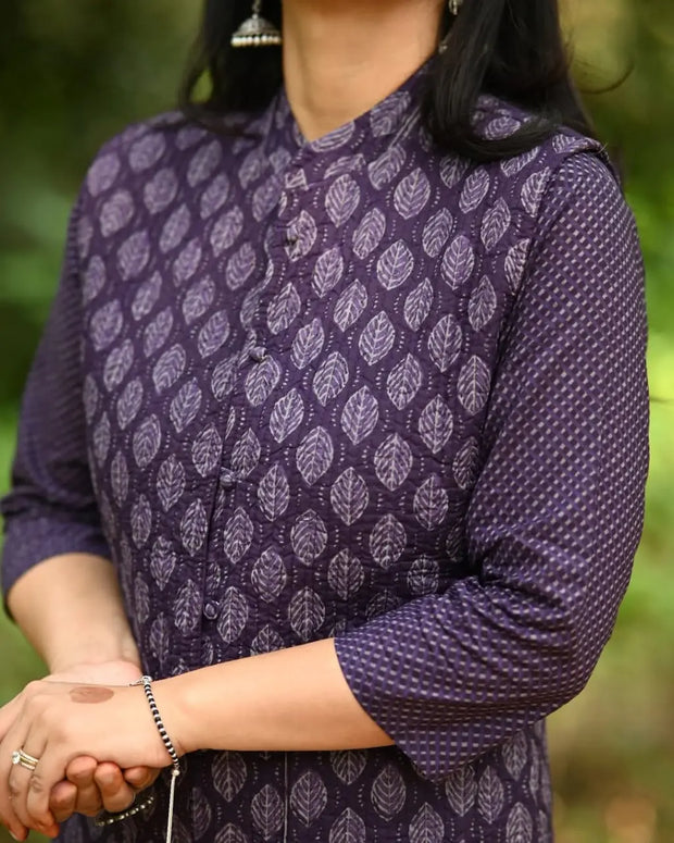 Cozy winter ethnic wear set with quilted layering jacket