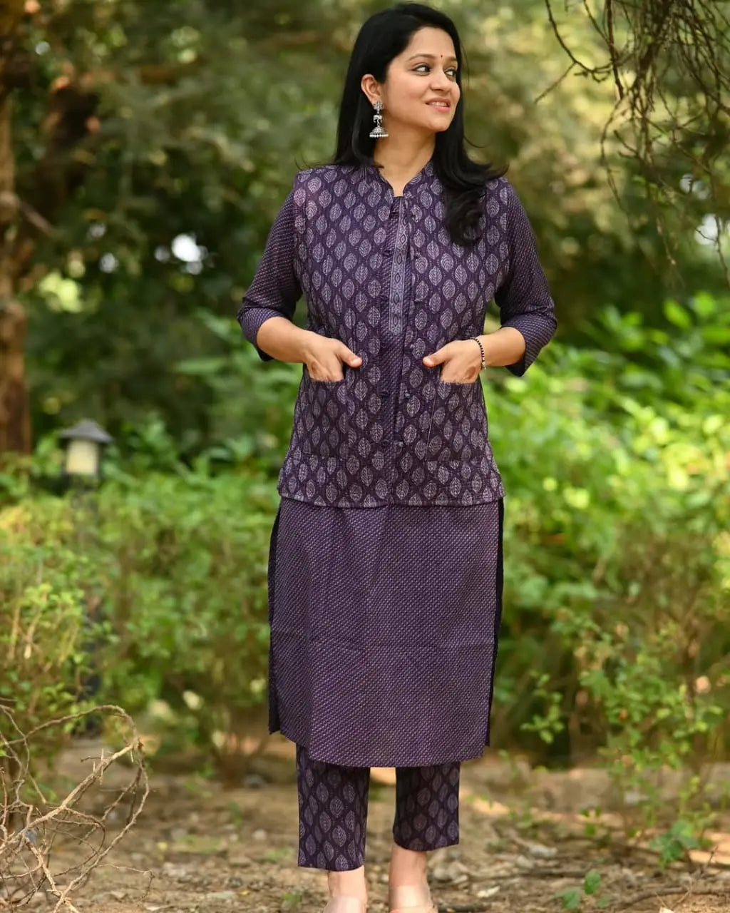 Winter-ready cotton kurti pant outfit with warm quilted coat