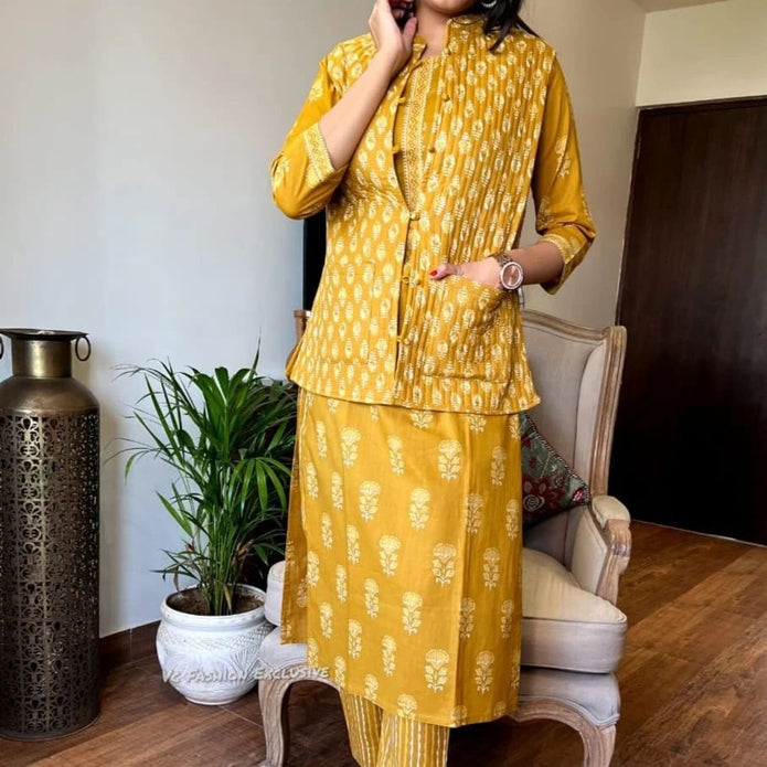 Warm quilted cotton jacket paired with winter kurti pant set